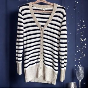 Boston Proper Sz M Navy Gold Cream Striped Cardigan Sweater Button Nautical Knit